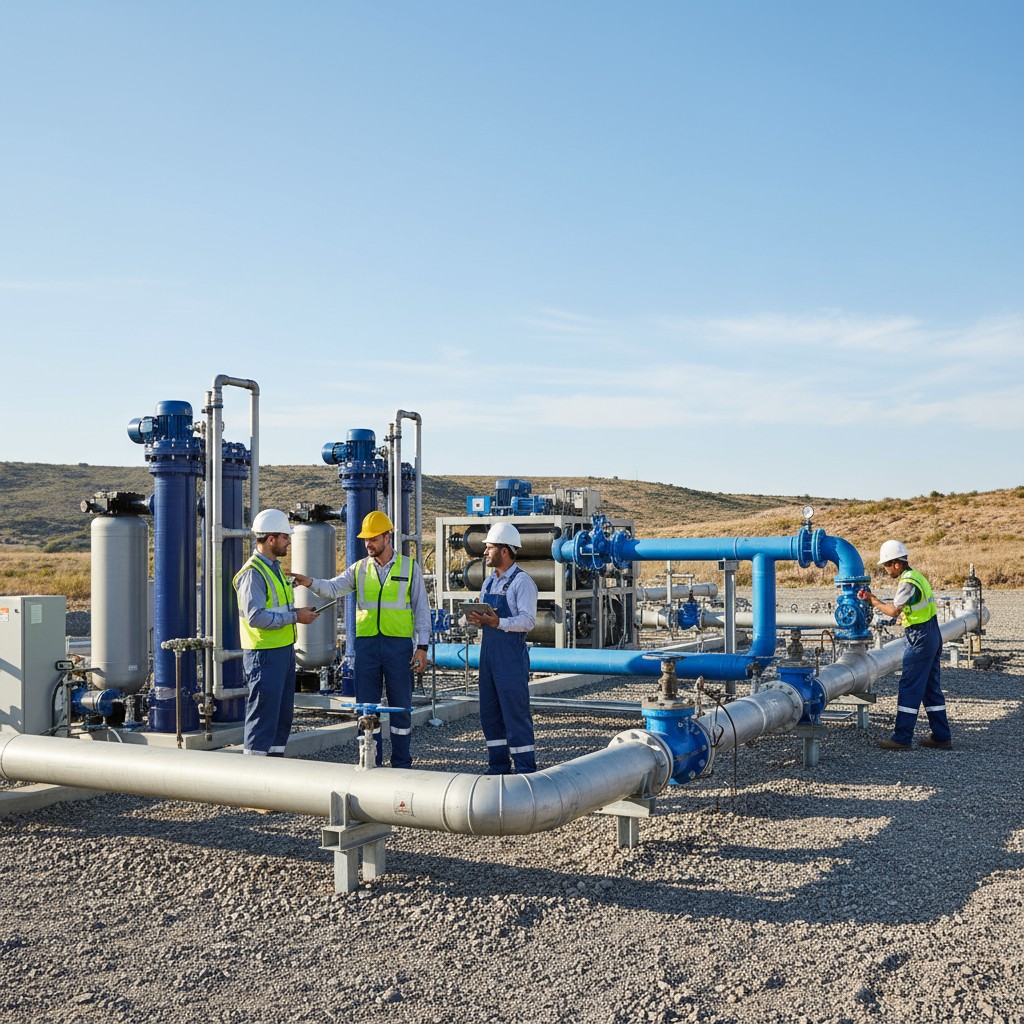 four hard-hatted men in reflective vests inspecting industrial area.