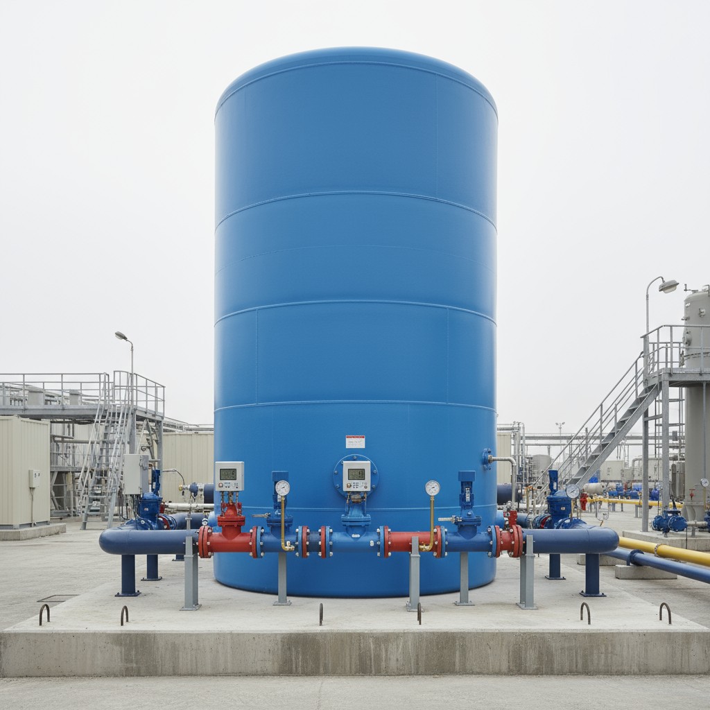 A large blue cylindrical tank in the middle of a water treatment plant is surrounded by control mechanisms.