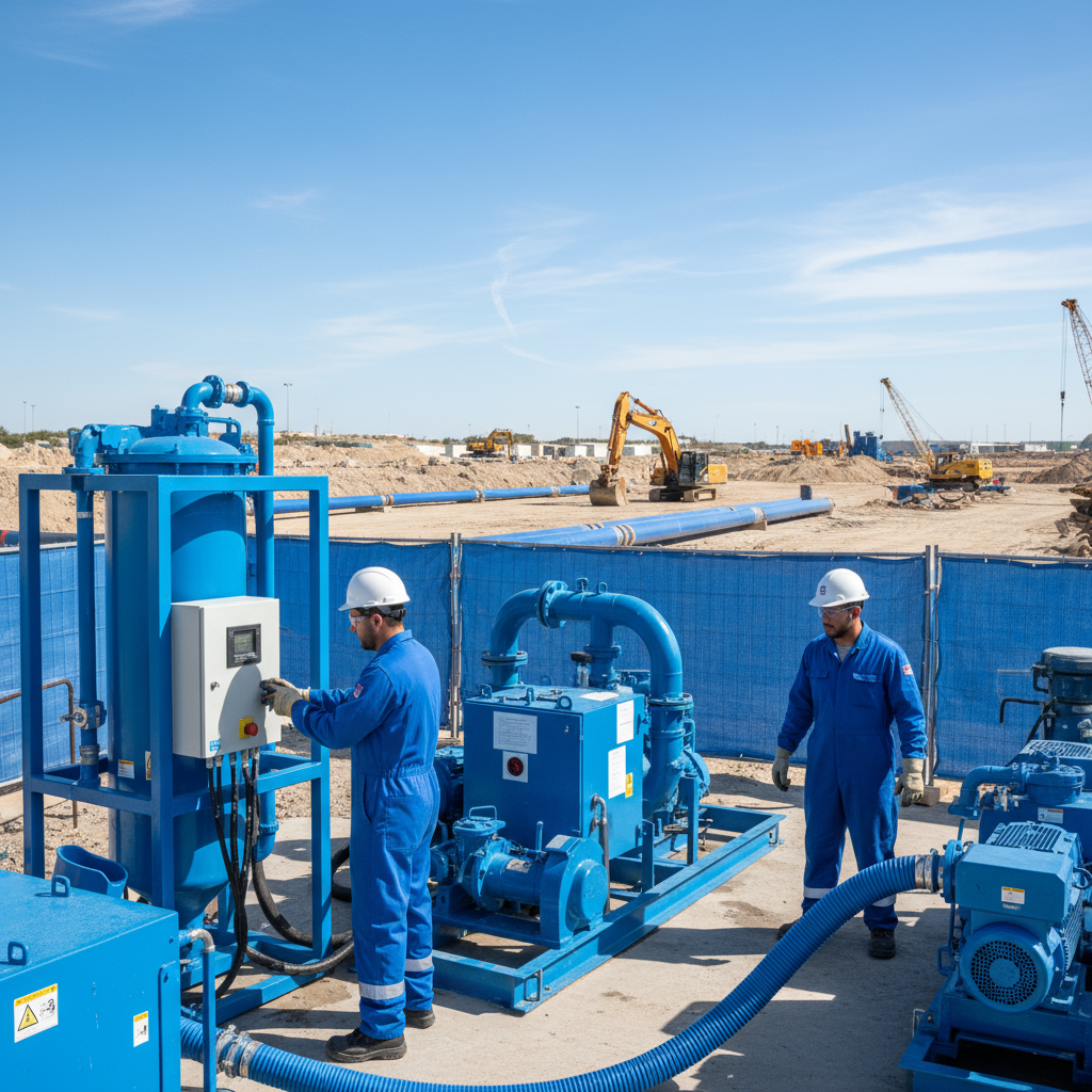 pipeline dewatering technicians at work, clean equipment, blue color theme, authentic construction site setting