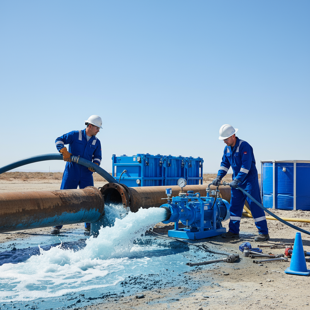 Pipeline technicians performing dewatering operations, hands-on, with equipment and clear blue theme, authentic style