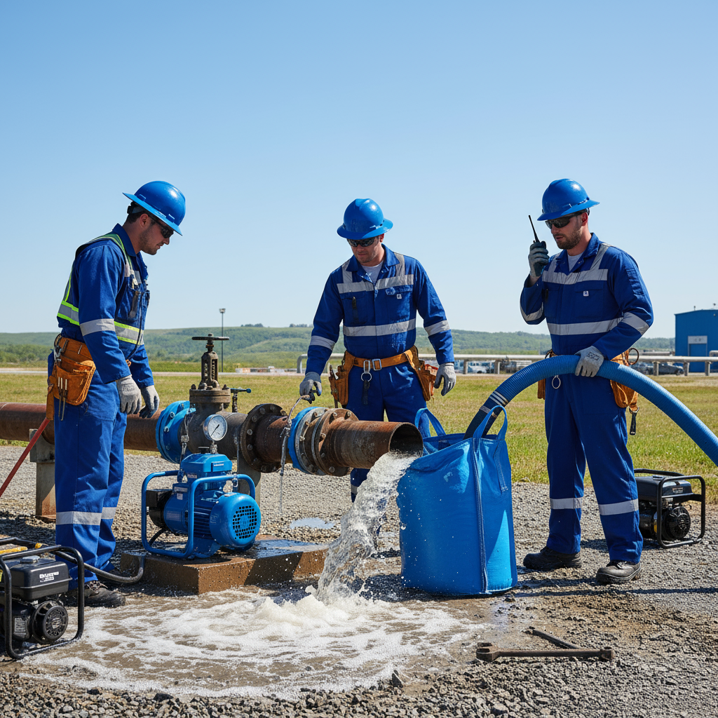 Pipeline technicians performing dewatering operations, teamwork, authentic blue color theme, realistic, outdoors, equipment in use